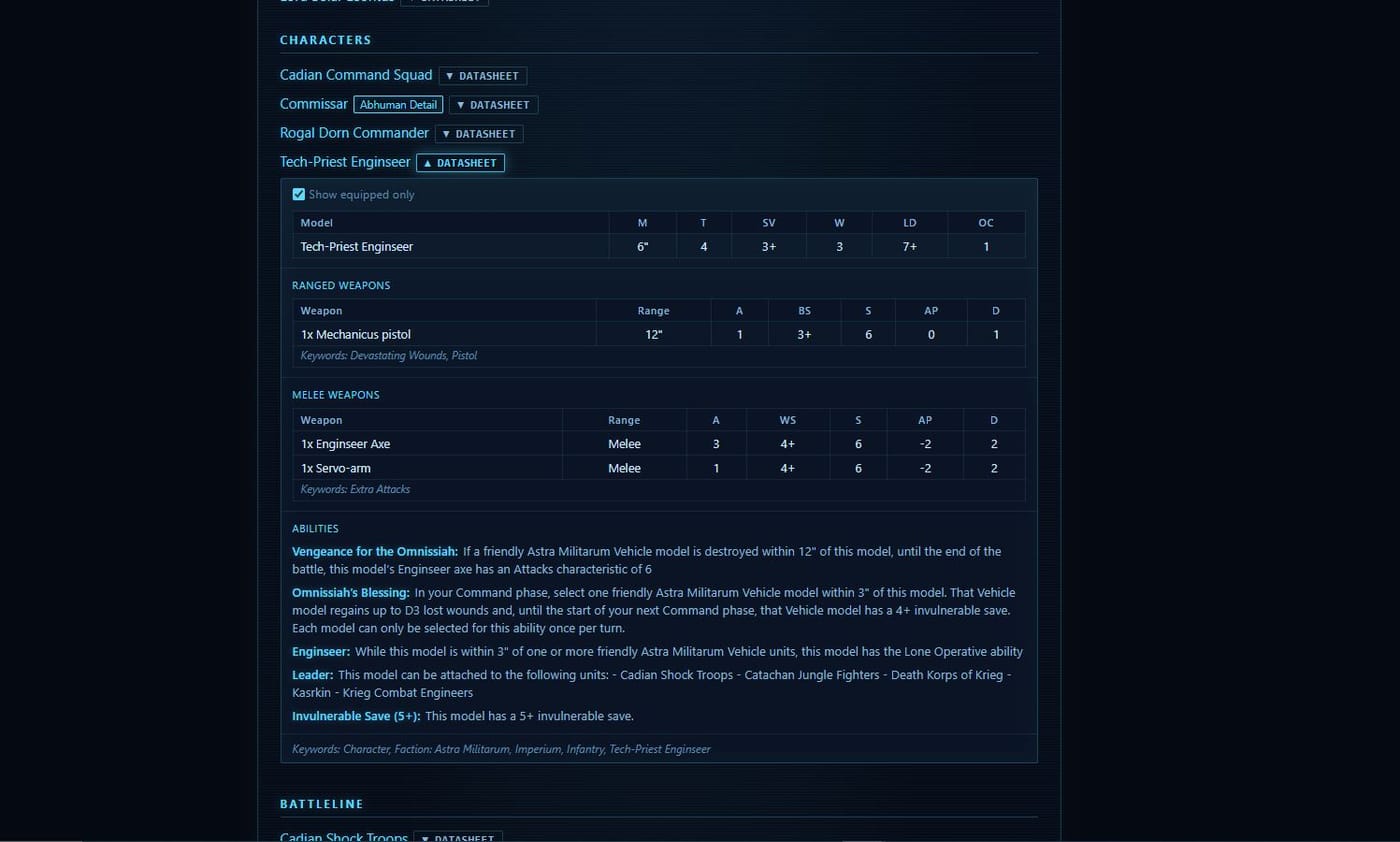 An army list shown with full datasheets and rules