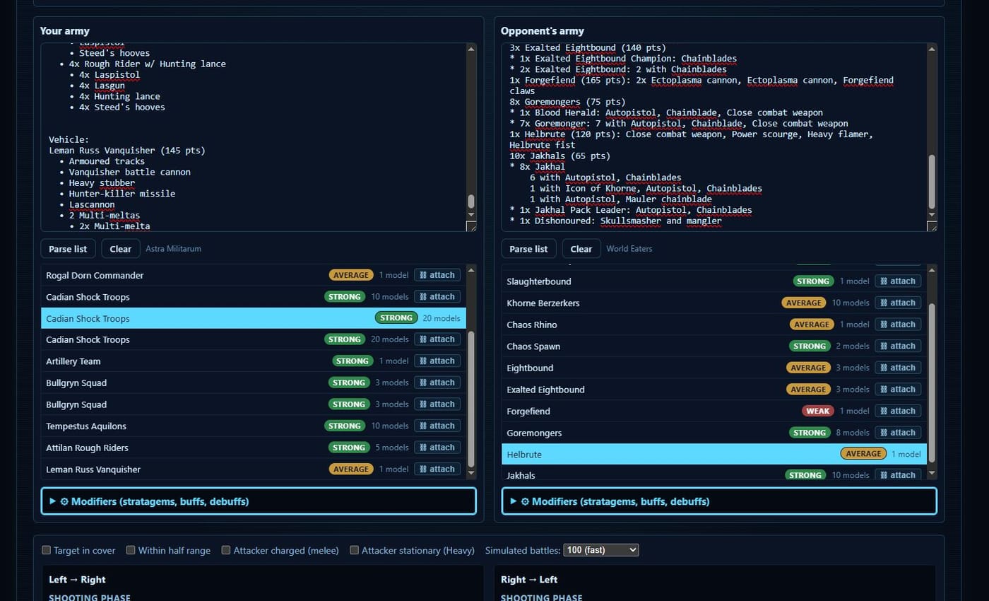 Two army lists compared side by side in Mathhammer